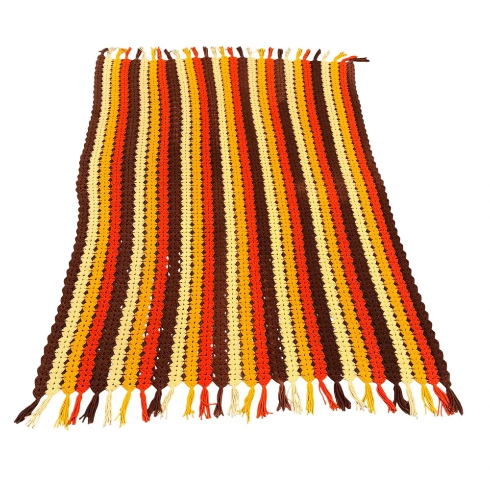 Vintage Handmade Vertical Striped Crochet Throw Blanket Retro‎ Tassels Flawed